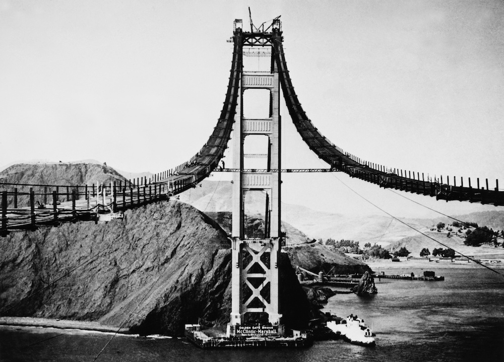 The Golden Gate Bridge during its construction. Source: Getty