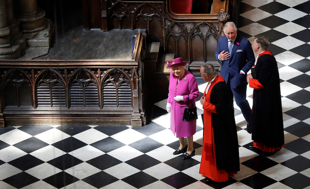 The Queen and Prince Charles arrive at Westminster Abbey to open the Queen's Diamond Jubilee Galleries. Source: Getty 