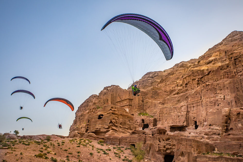 The paramotor team fly make a close pass of the ruins at Petra, Jordan (credit: Fergus Kennedy)