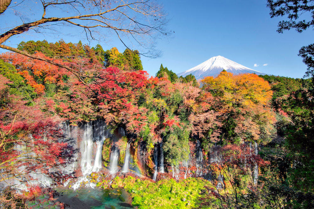 Shiraito Waterfall, with Fuji Mountain in the background, in Shizuoka, Japan. Source: Getty
